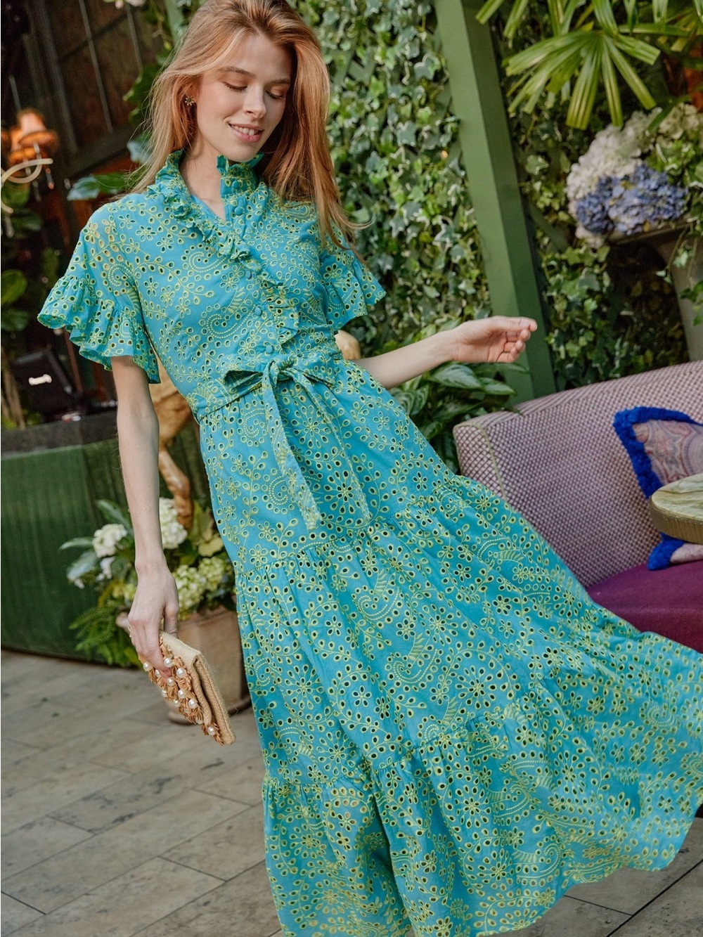 NWT Abbey Glass Sadie Maxi Dress Teal and Chartreuse Jasmine Eyelet Sz XL - Picture 7 of 15